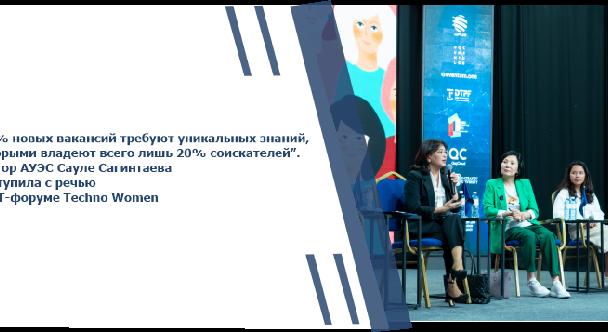 “60% новых вакансий требуют уникальных знаний, которыми владеют всего лишь 20% соискателей”. Ректор АУЭС Сауле Сагинтаева выступила с речью на IT-форуме Techno Women - 1